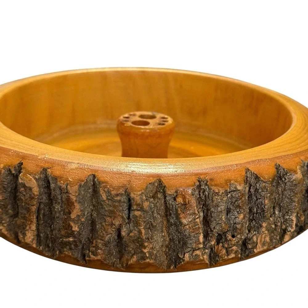Vintage Wood Nut Bowl Bark Edge Nutcracker 5 Picks Rustic Mid Century Snack Set